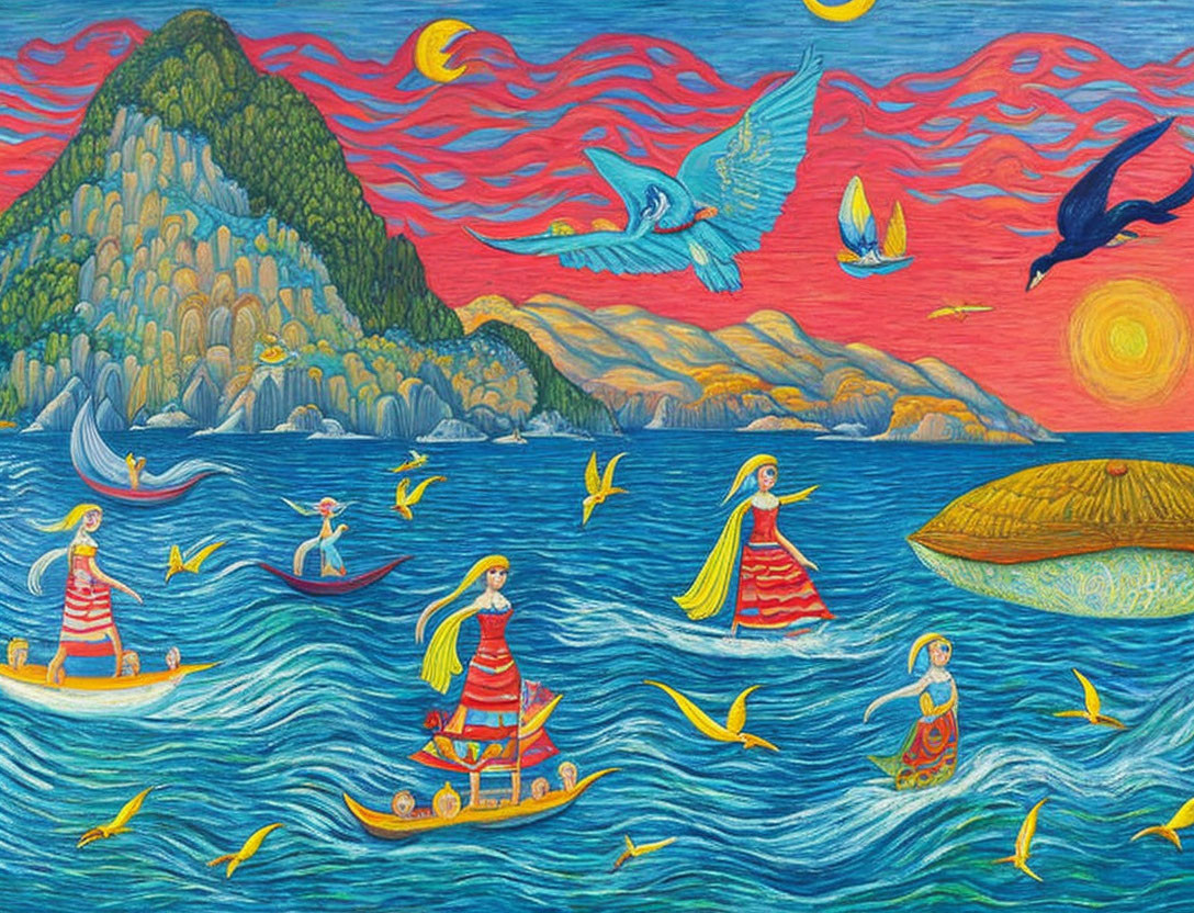 Colorful seascape with birds, floating women, rowing man, diving seal, and patterned