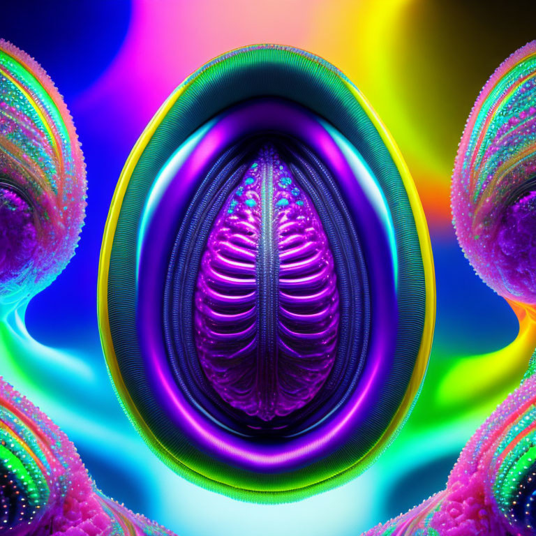 Symmetrical neon abstract digital artwork with alien-like flower theme