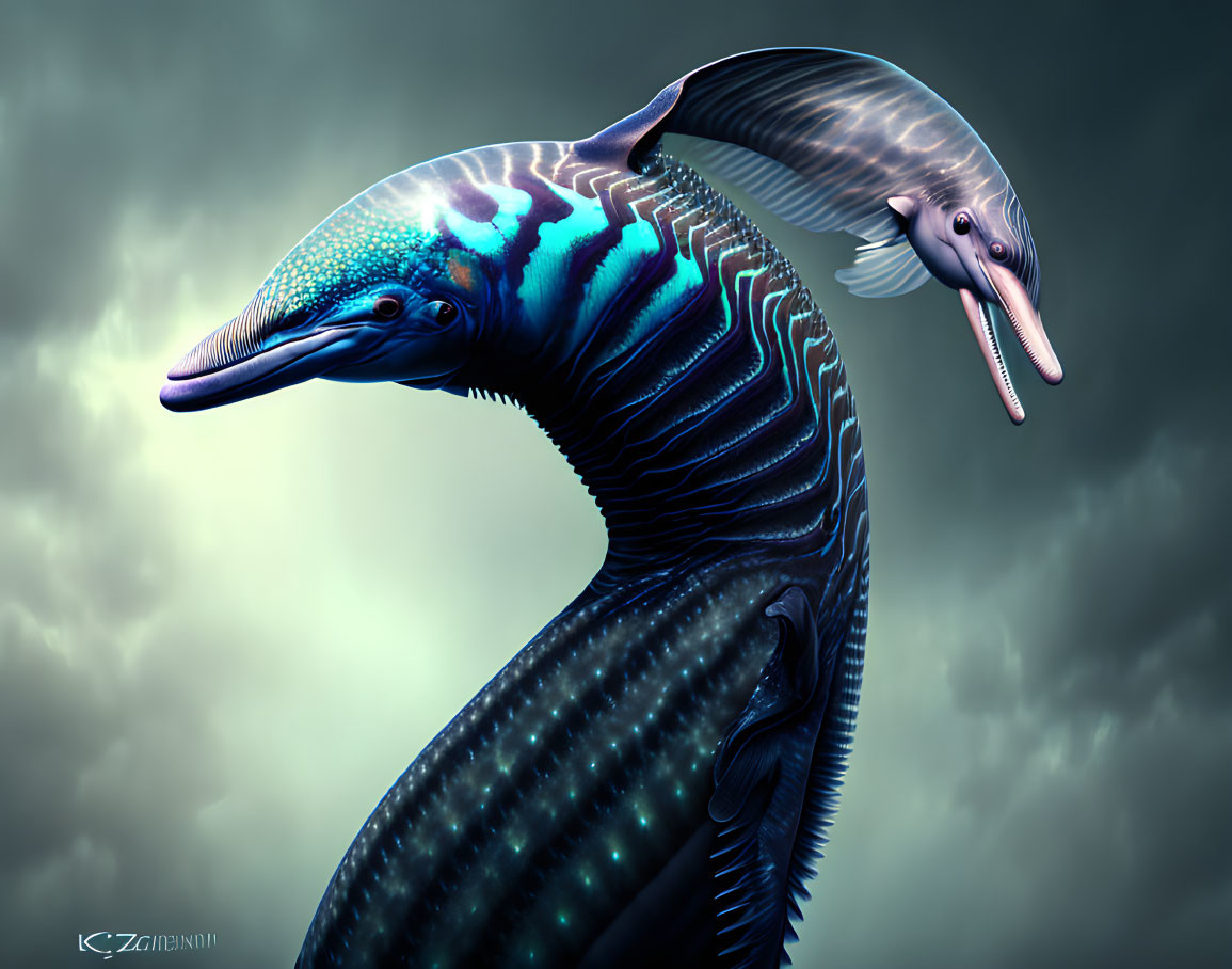 Fantastical winged dolphin creature in vibrant blue against stormy sky