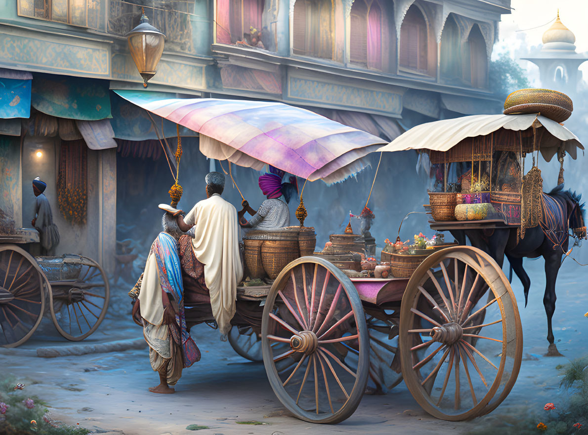 Historical street scene with horse-drawn carts, vendors, and traditional attire.