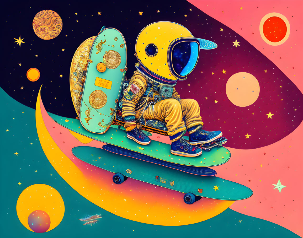 Colorful astronaut skateboarding in space with planets and stars - vibrant, psychedelic style