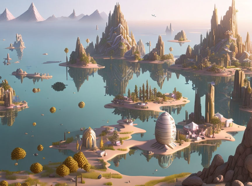 Fantasy landscape with unique architecture, lush greenery, reflective waters, distant mountains, and flying creatures