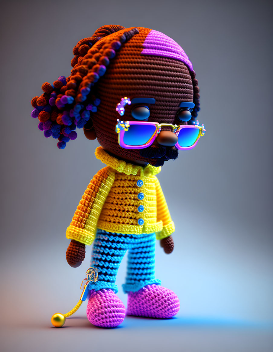 Vibrant Knitted 3D Character with Glasses, Beard, and Multicolored Outfit