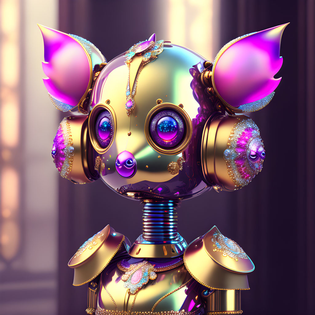 Whimsical robotic character with gold plating and gem embellishments