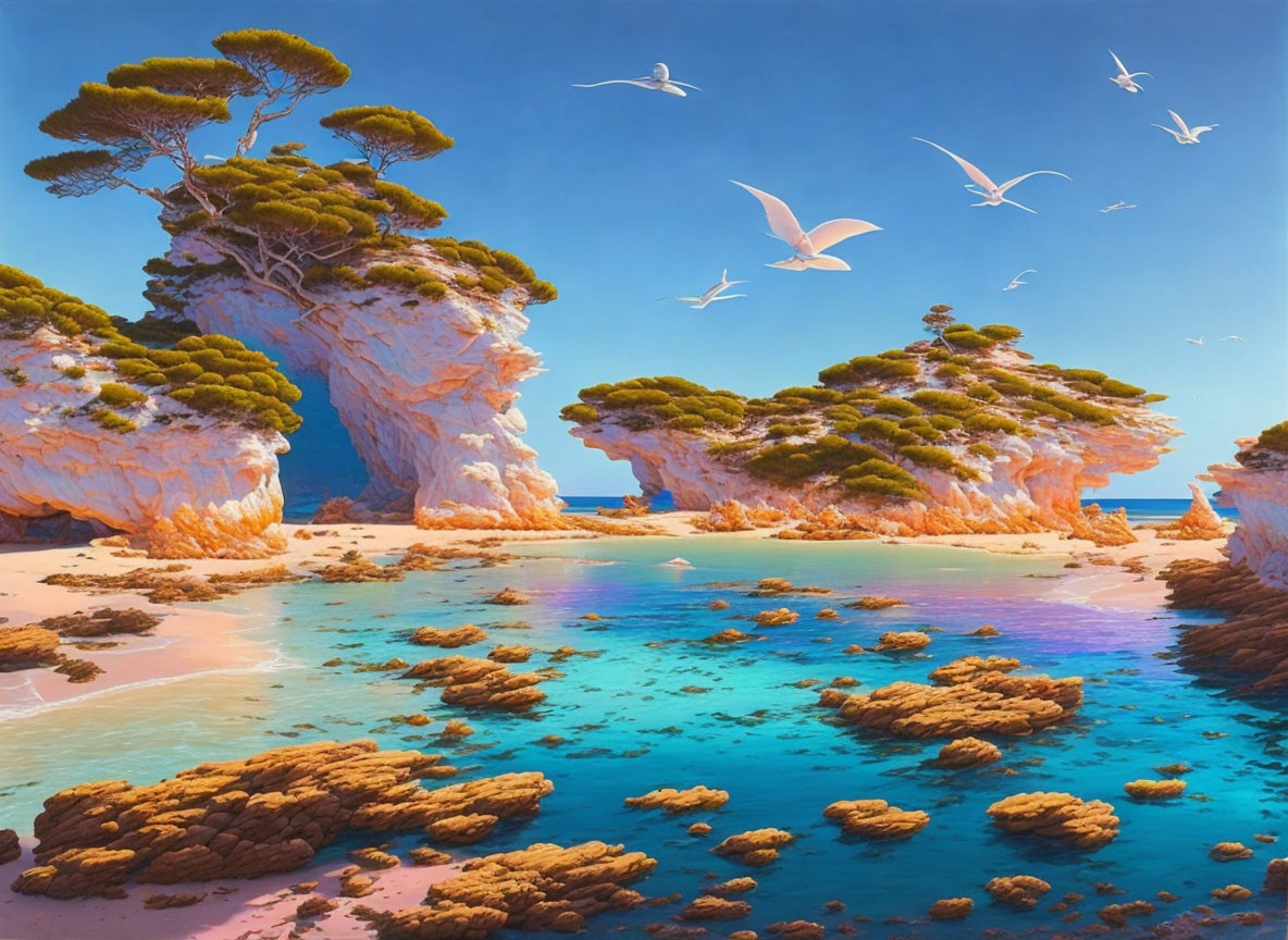 Scenic coastal landscape with rock formations, blue sky, water, coral reefs, and seagulls