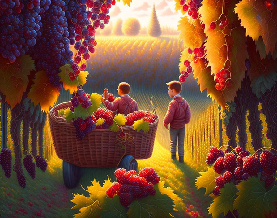 Children with grapes in vineyard at sunrise