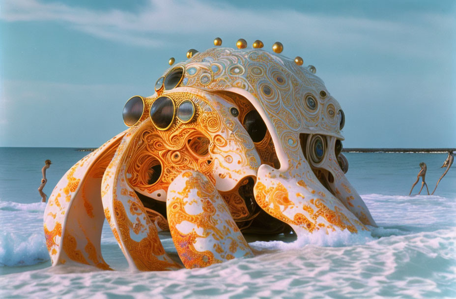 Ornate surreal octopus sculpture with gold spheres emerging from the sea