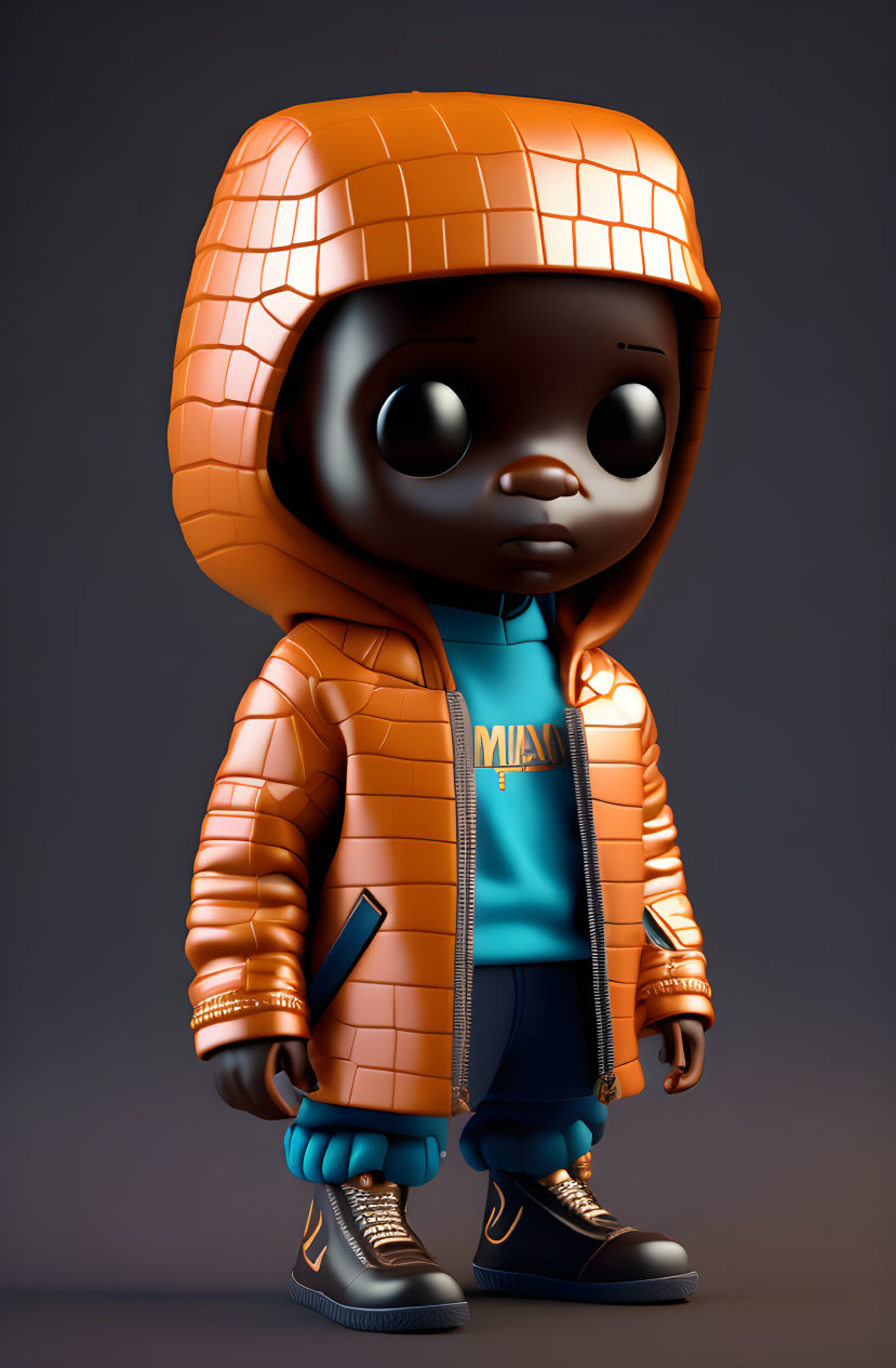 Character with Large Head in Orange Jacket 3D Rendering