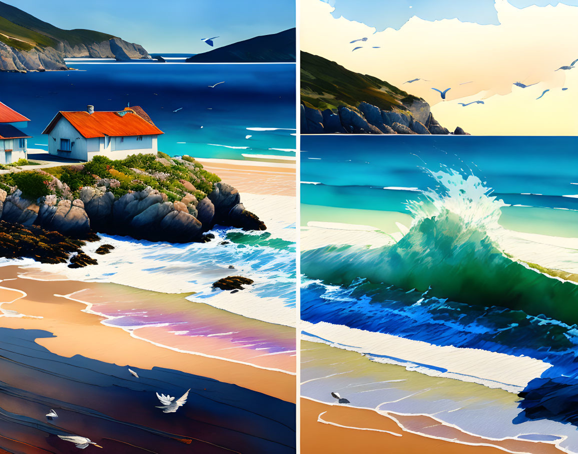 Four Stylized Coastal Scene Illustrations with Cliffs and Vibrant Sea Waves