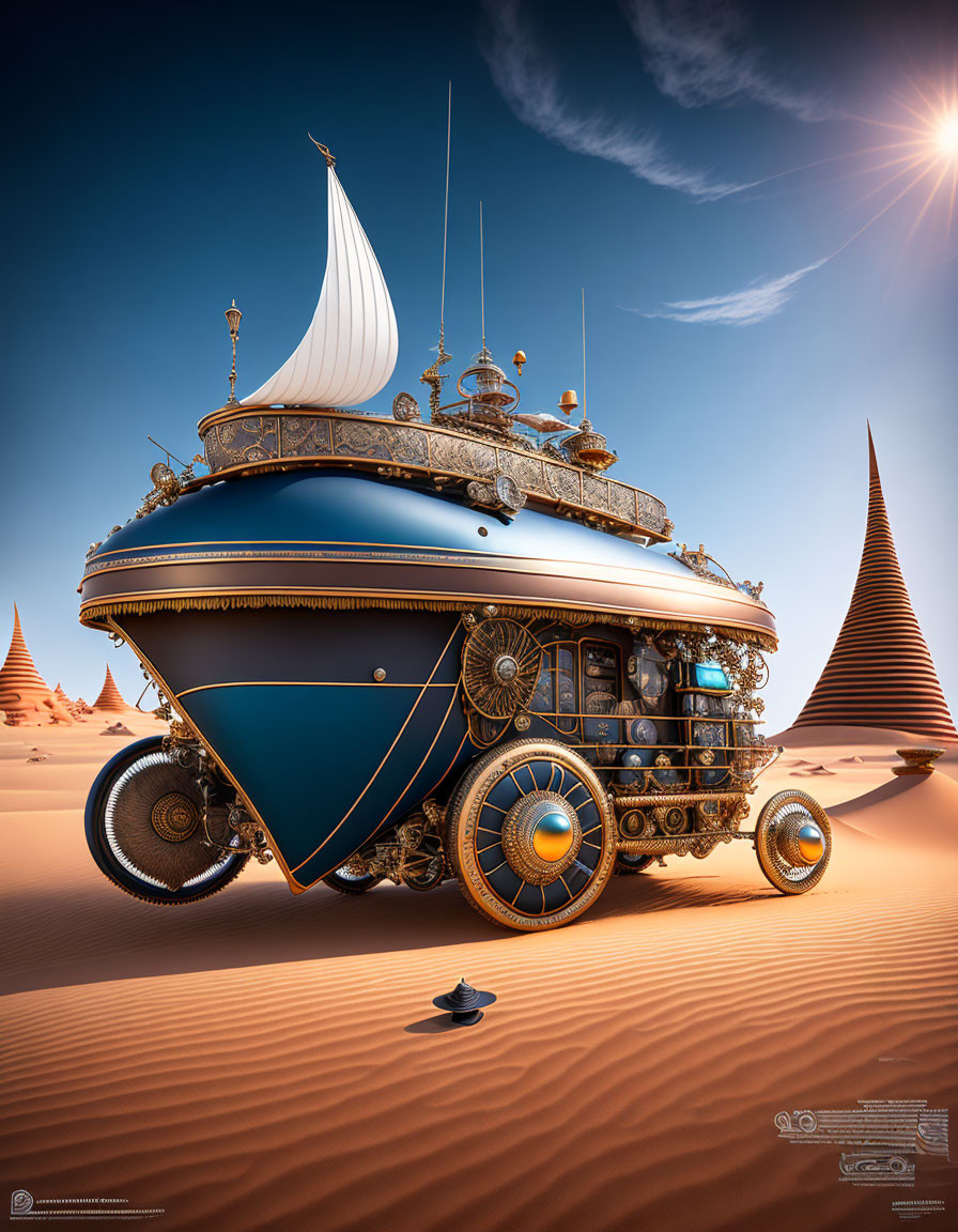 Sail-equipped vehicle with golden designs in desert landscape