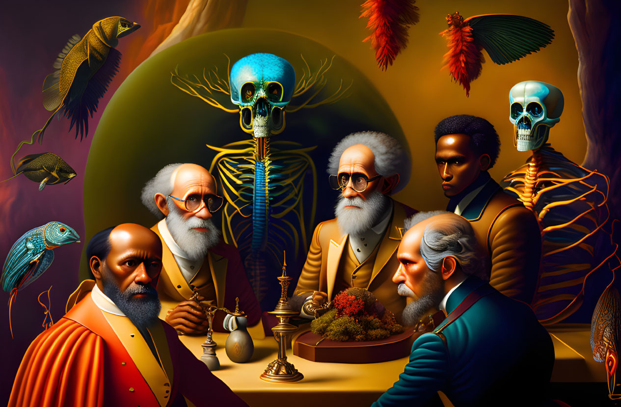 Surreal Artwork: Historical Figures with Skeletal Features in Vivid Setting