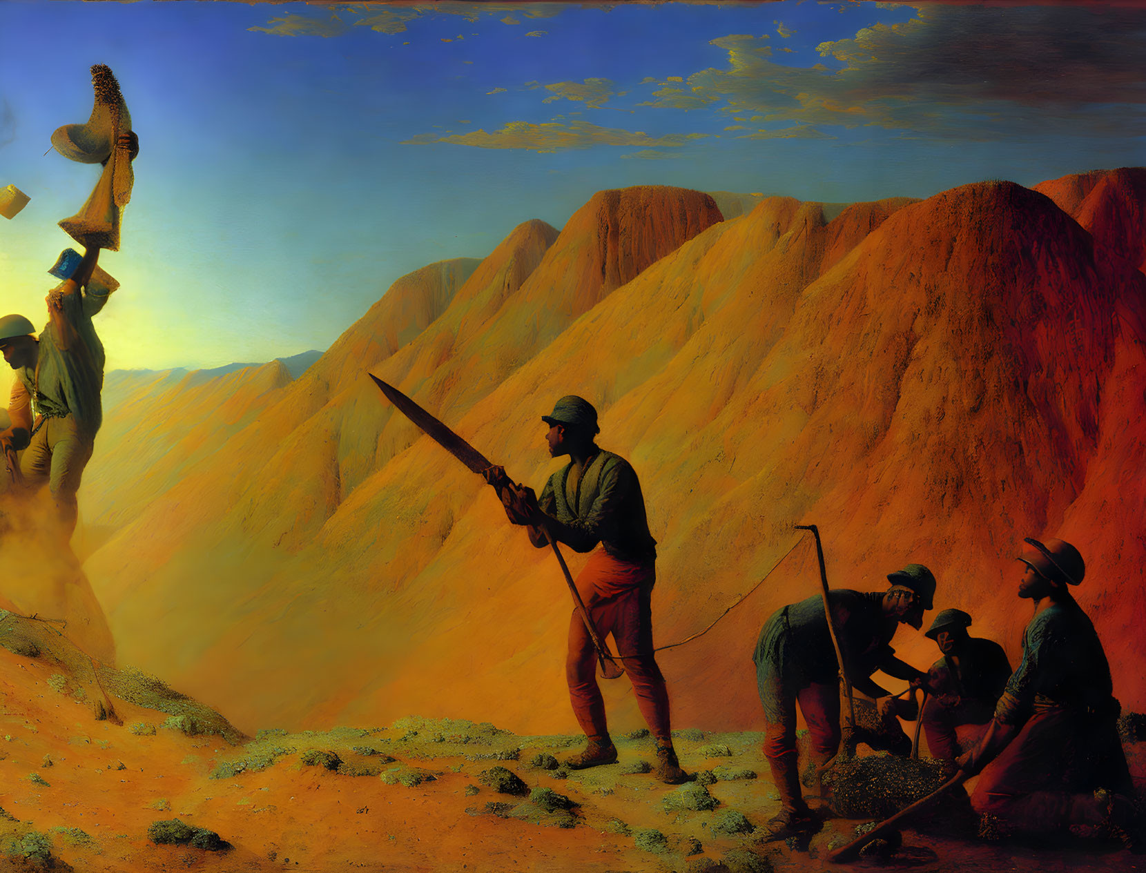 Miners in rugged mountain landscape during gold rush