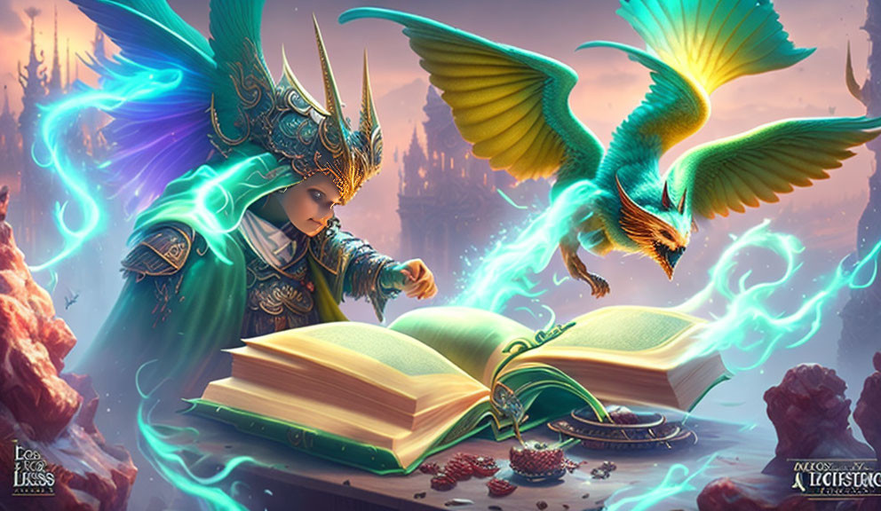 Armored person reading glowing book with bird creature in mythical setting