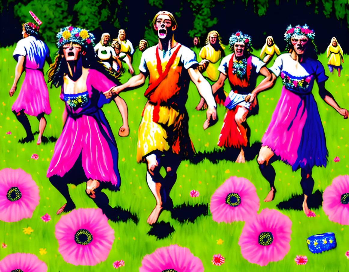 Colorful painting: People in floral headbands in a field of pink flowers