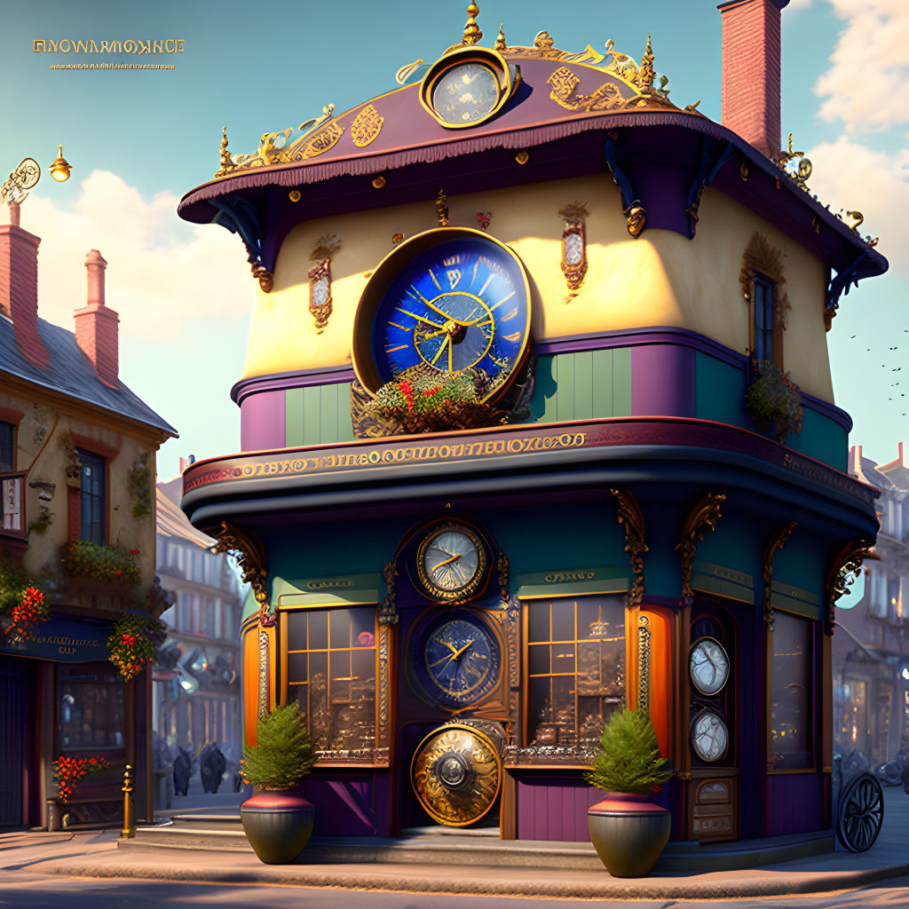 Colorful Two-Story Building with Elaborate Clocks and Golden Detailing