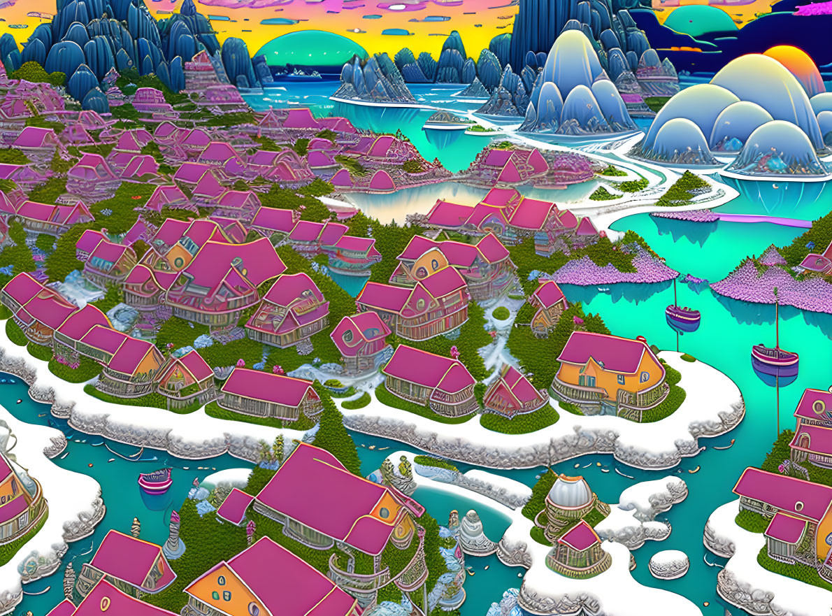 Fantastical landscape with pink houses and colorful sunset sky