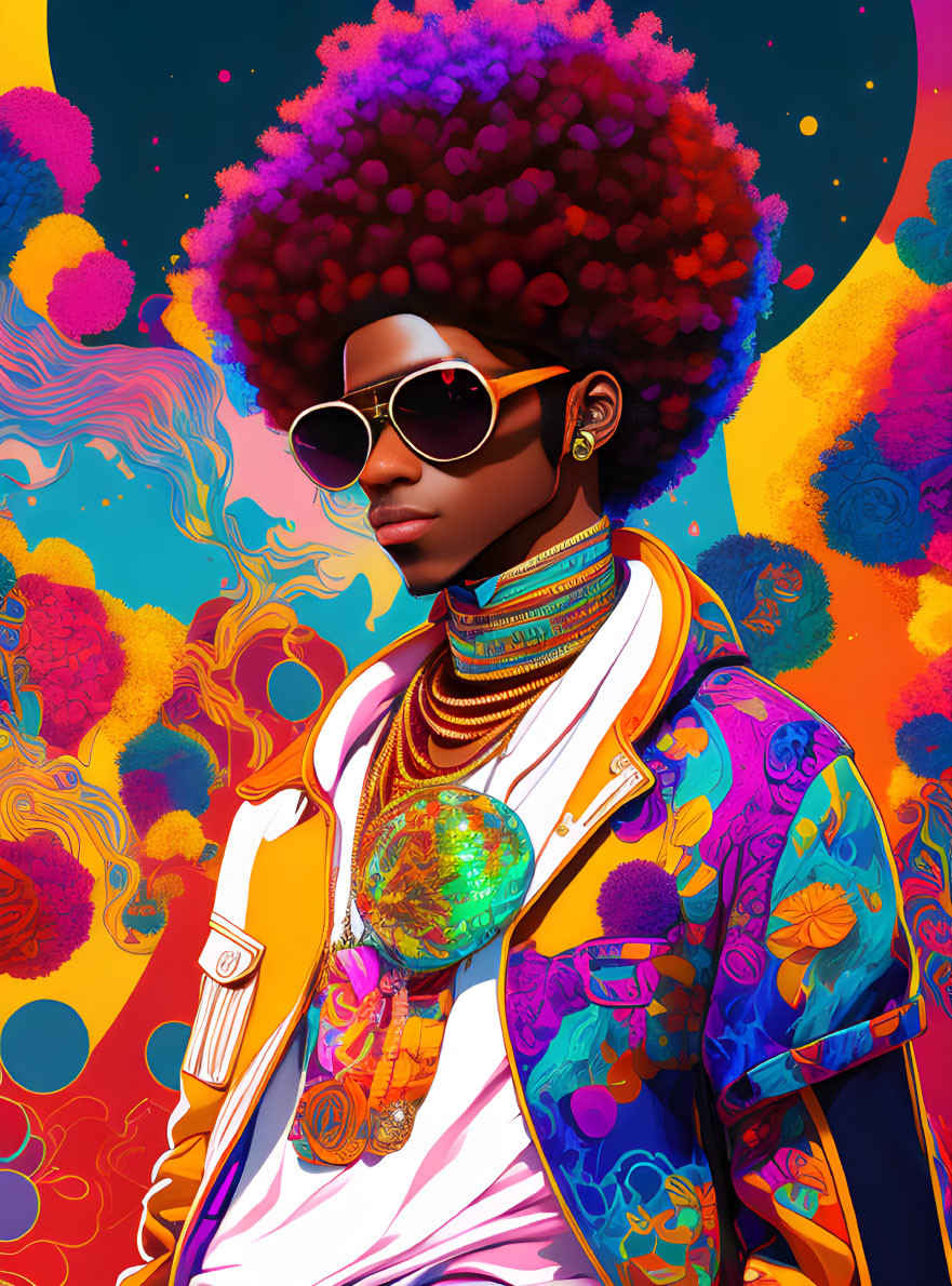 Colorful digital portrait of stylish person with afro and sunglasses