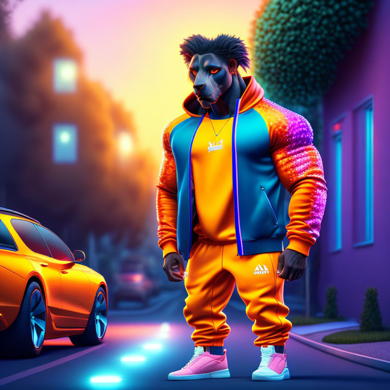 Anthropomorphic lion in orange and blue tracksuit on street at dusk