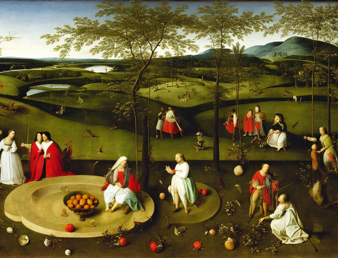 Renaissance painting of people in pastoral landscape