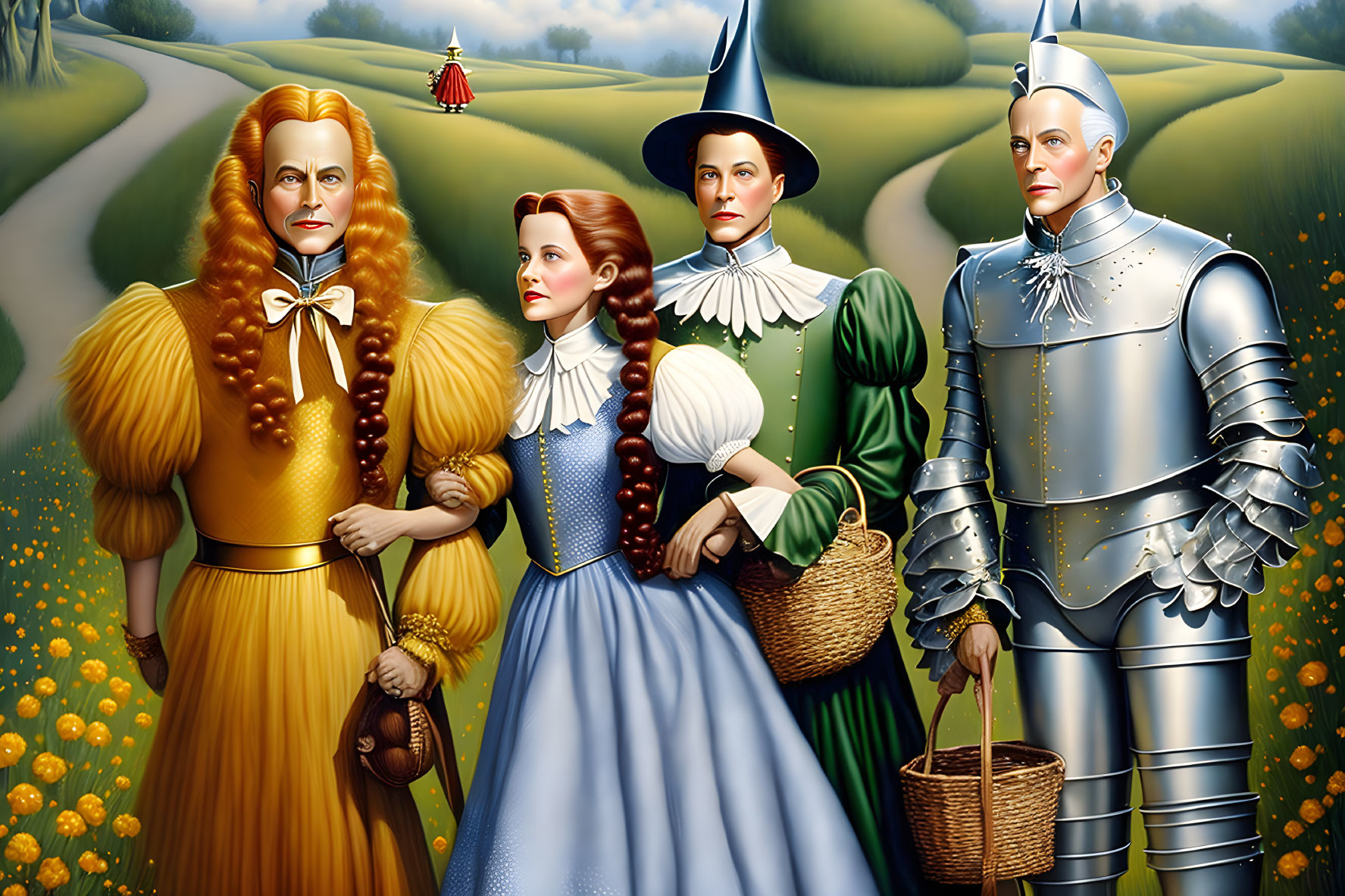 Classic characters on Yellow Brick Road with Emerald City.