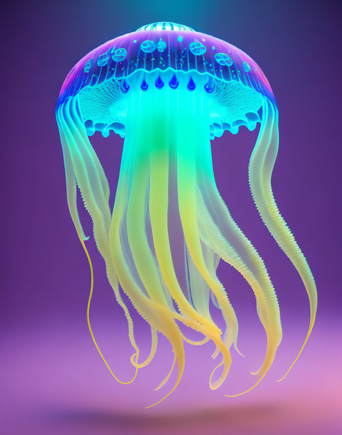 Colorful neon jellyfish on purple background with long tentacles.