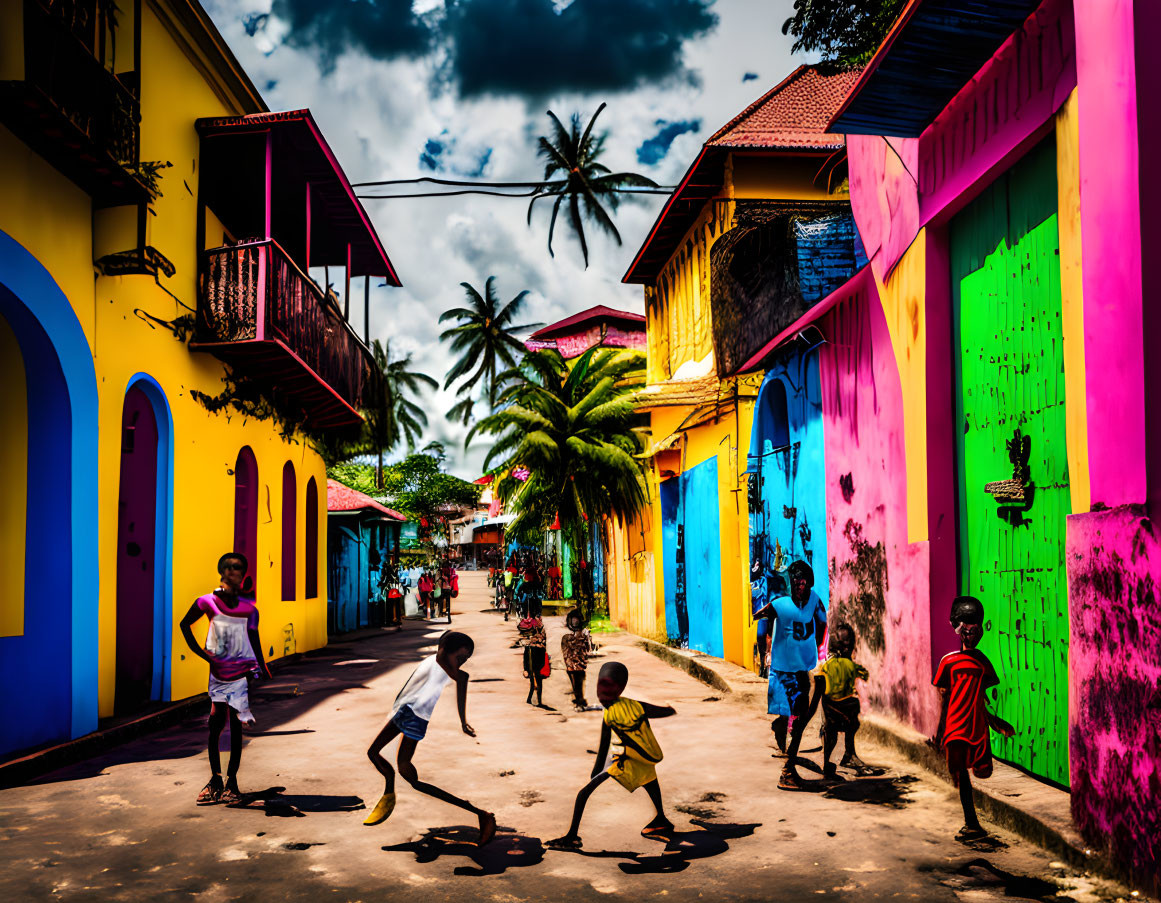 Colorful Buildings and Children Playing in Vibrant Street Scene