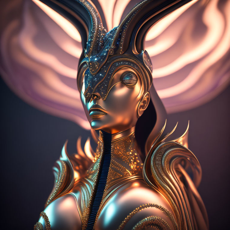 Futuristic golden female android with ornate headdress and armor on abstract dark background