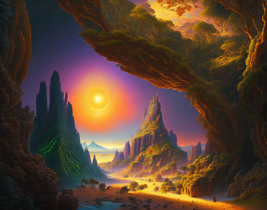 Mystical landscape with vibrant sunset, towering cliffs, lush forests, and distant mountains