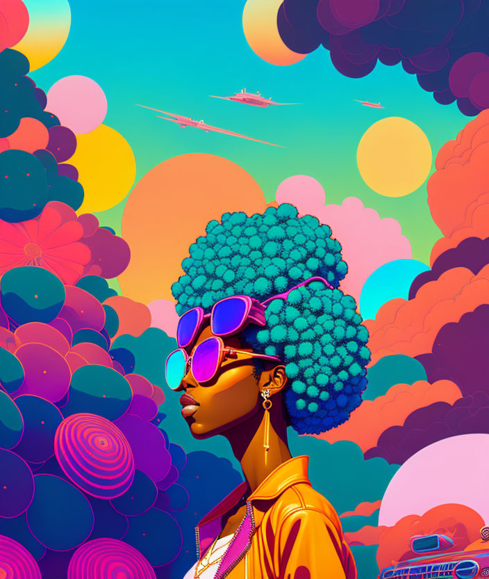 Colorful illustration: Stylish woman with cloud afro, futuristic sky.