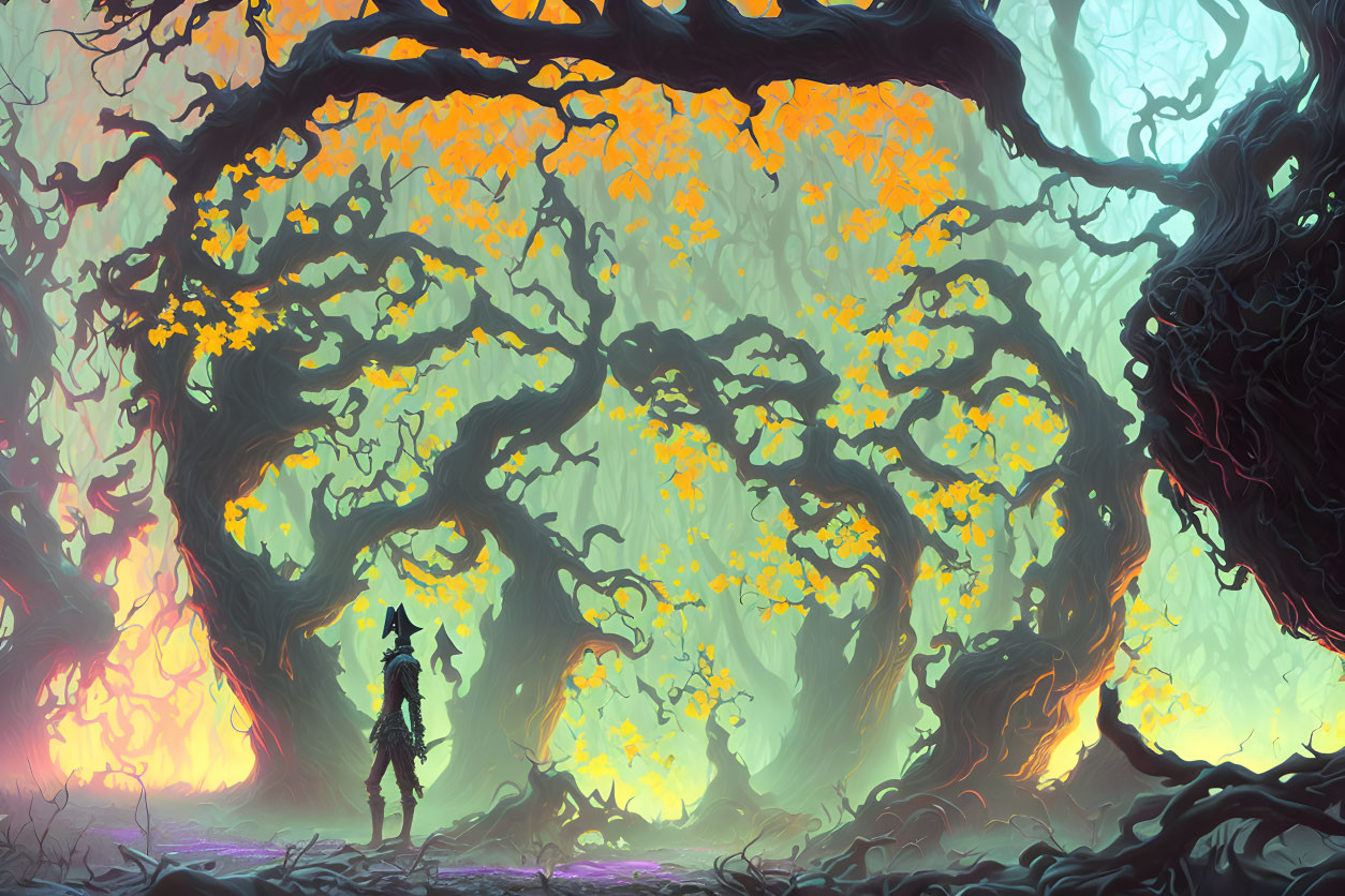 Mystical forest scene with figure and giant trees