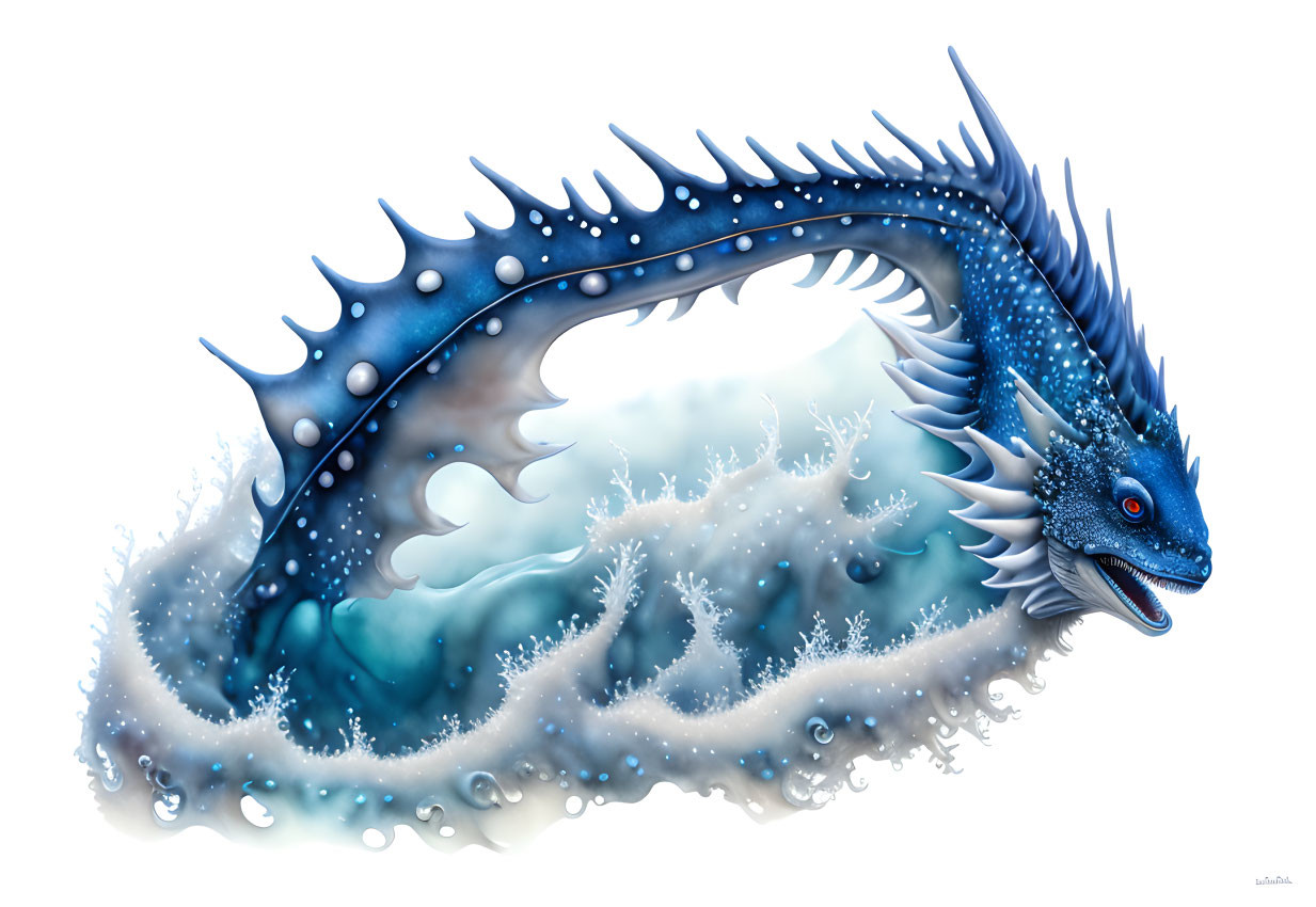 Blue fantasy sea dragon with spiky fins and intricate patterns swimming among bubbles and coral textures