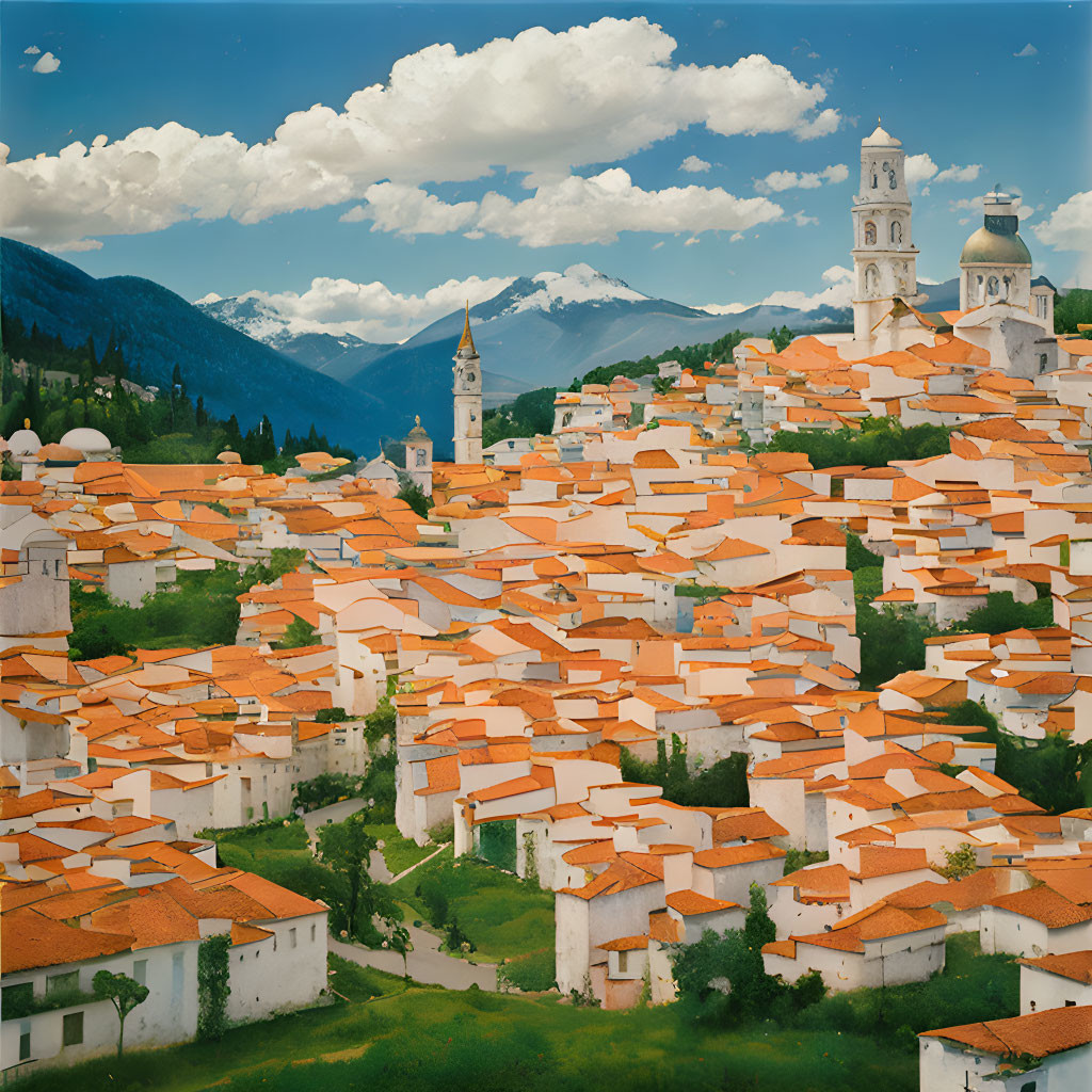 Scenic Mediterranean village with terracotta roofs and bell towers