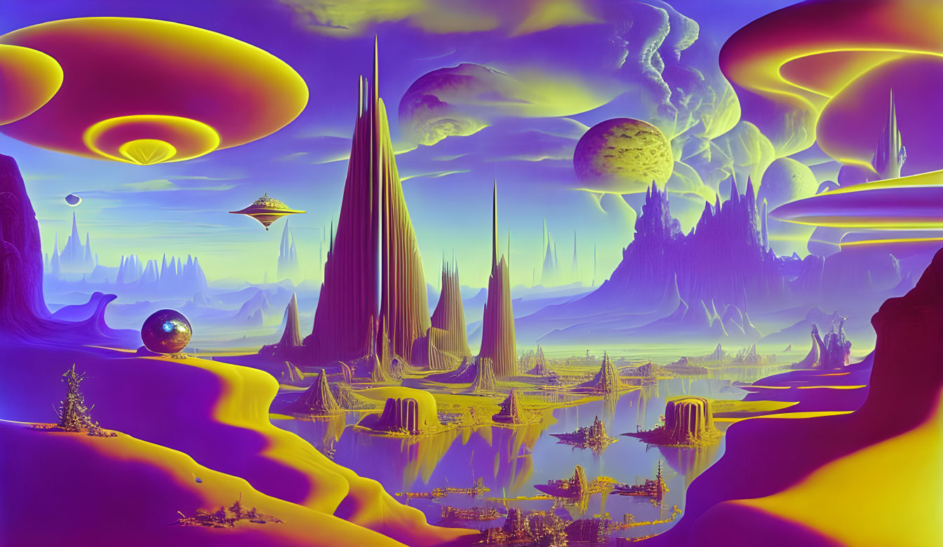 Alien landscape with towering spires and floating islands