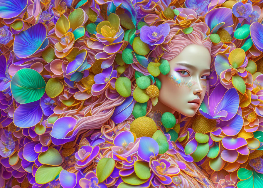 Vibrant digital artwork: Woman's face with colorful flowers and leaves