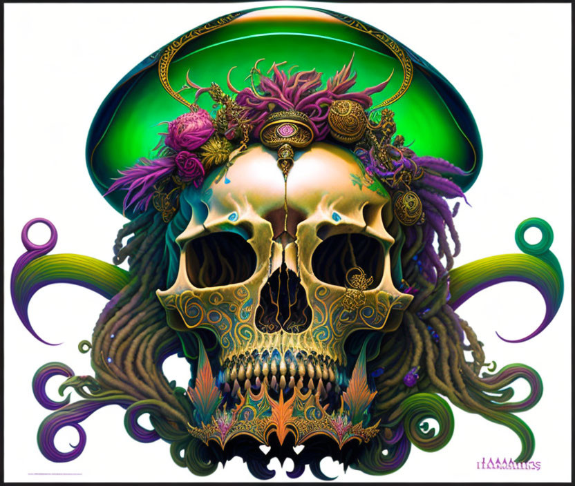 Colorful ornate skull with floral and decorative elements and green hat-like top