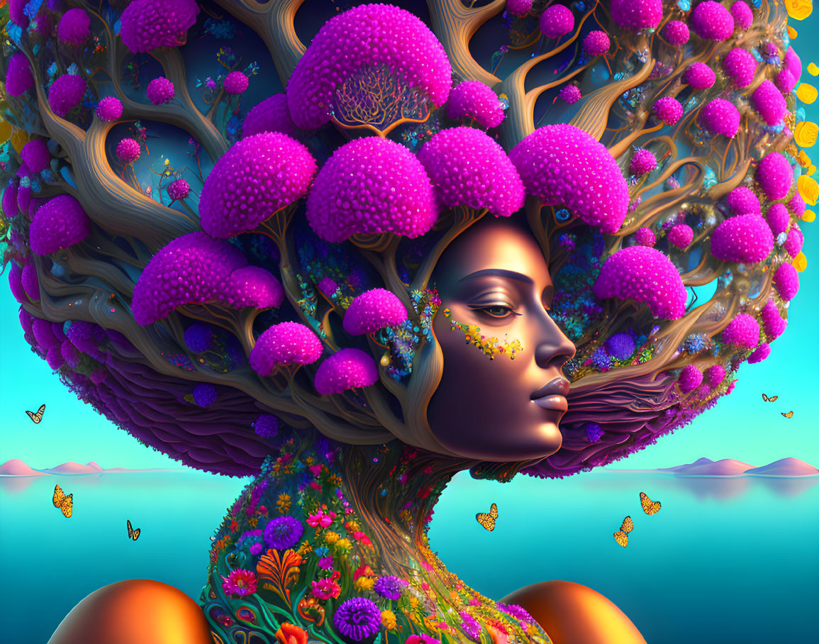 Digital artwork: Woman with tree-like hair, purple blooms, butterflies, serene lakescape