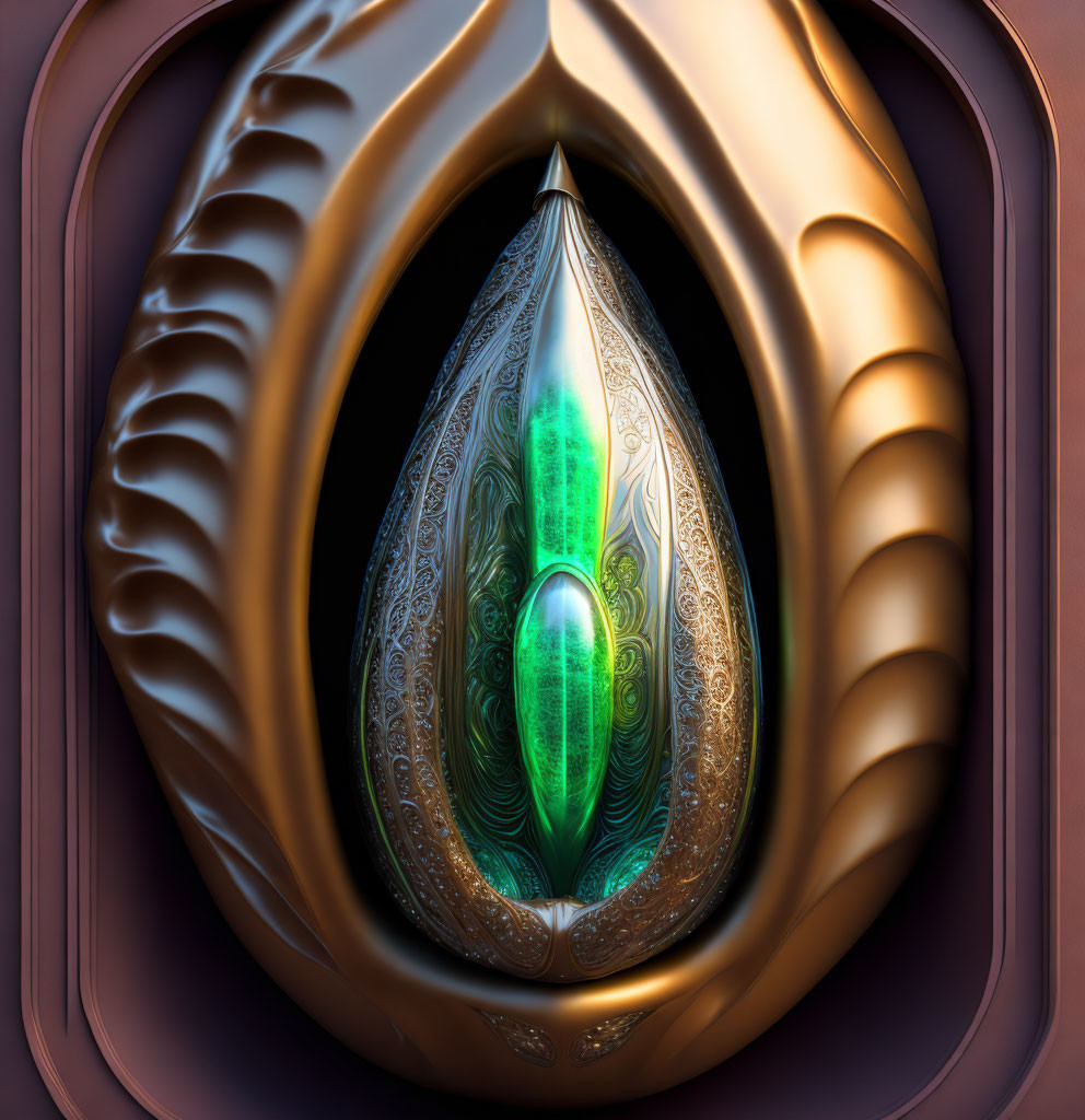 Teardrop-shaped Green Gem in Ornate Metallic Frame on Brown Background