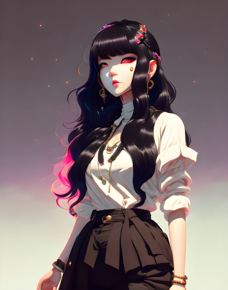 Stylized female character with black and pink hair, red eyes, floral hair accessories, white blouse