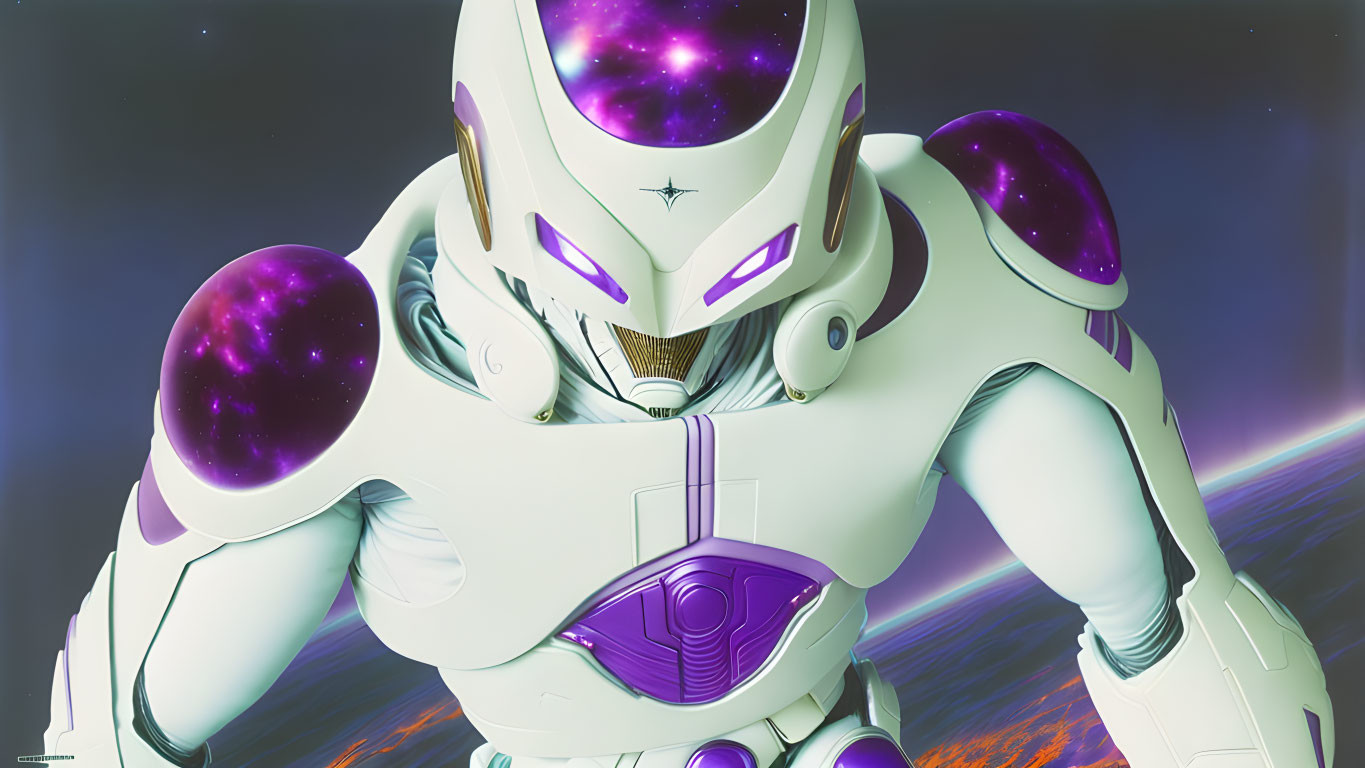 White and Purple Futuristic Robotic Figure with Galaxy Details