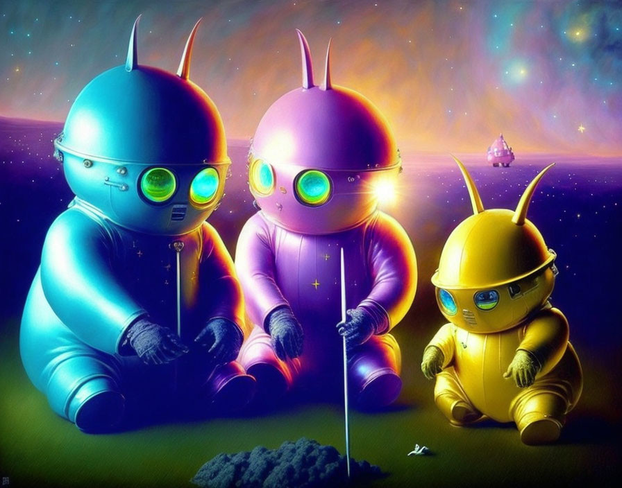 Colorful Animated Astronaut Characters on Alien Planet with Spaceship