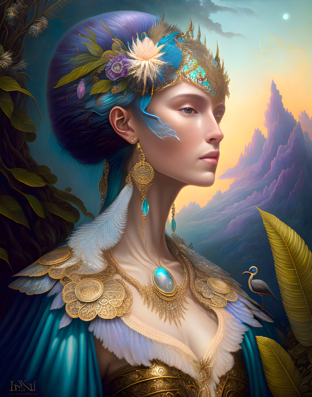 Ethereal woman with peacock feathers, blue and gold attire, mystical mountain landscape