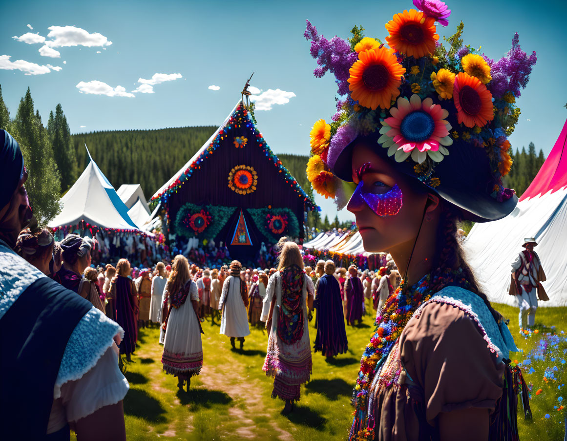 Woman in Vibrant Floral Headdress at Colorful Outdoor Festival