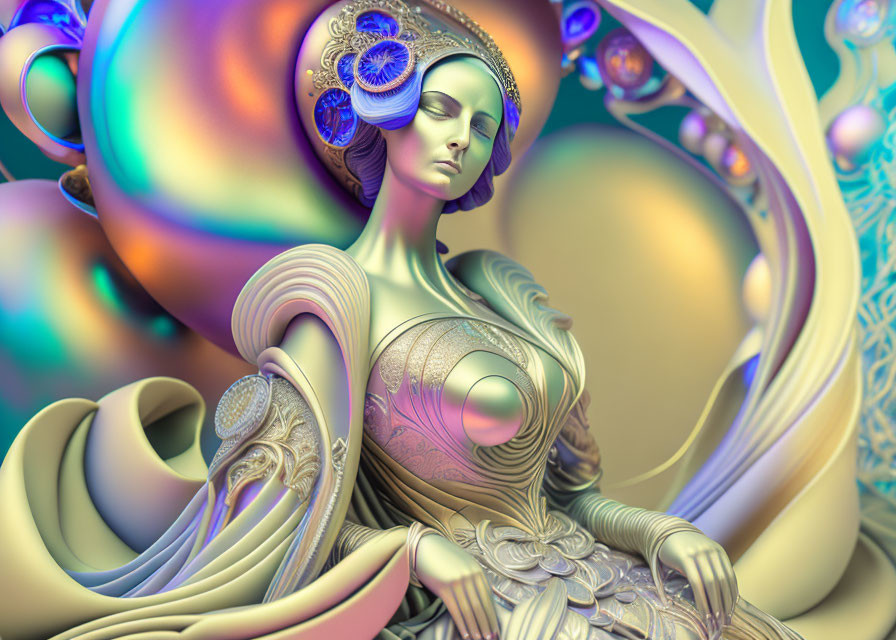 Surreal digital artwork: Female figure with ornate headpiece and intricate clothing, pastel hues