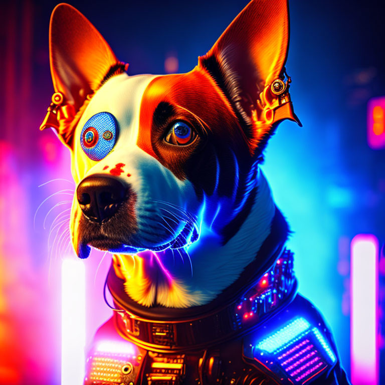 Cybernetic Dog with Mechanical Enhancements in Neon-lit Futuristic Setting