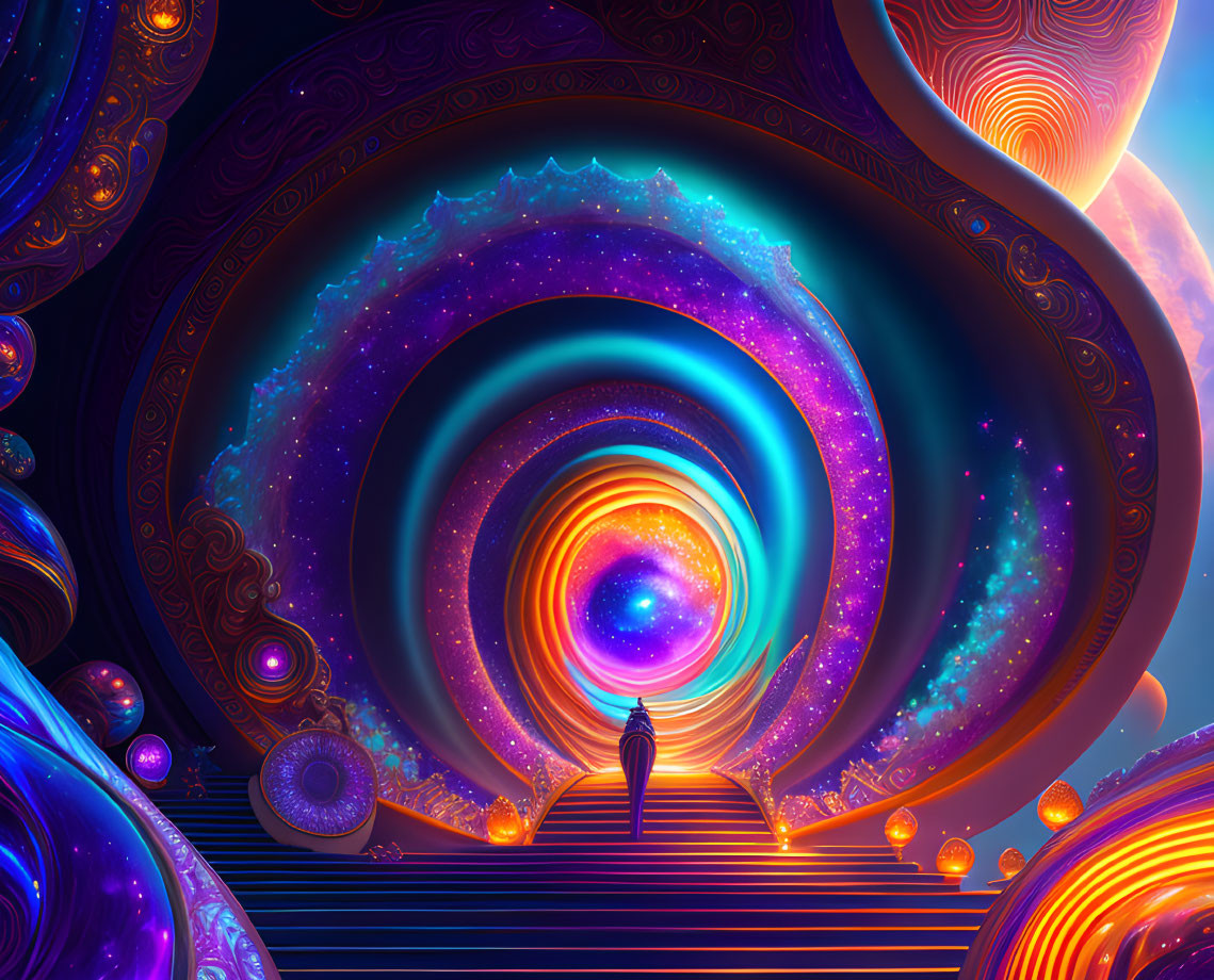 Person at base of stairs in vibrant cosmic vortex with galaxy patterns and glowing orbs