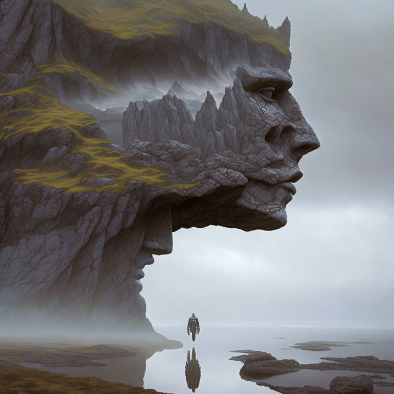 Rocky Cliffside Forms Giant Human Face Profile in Surreal Landscape