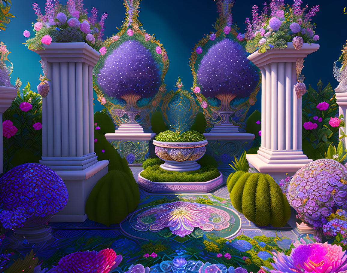 Symmetrical floral topiaries in fantasy garden with classical columns