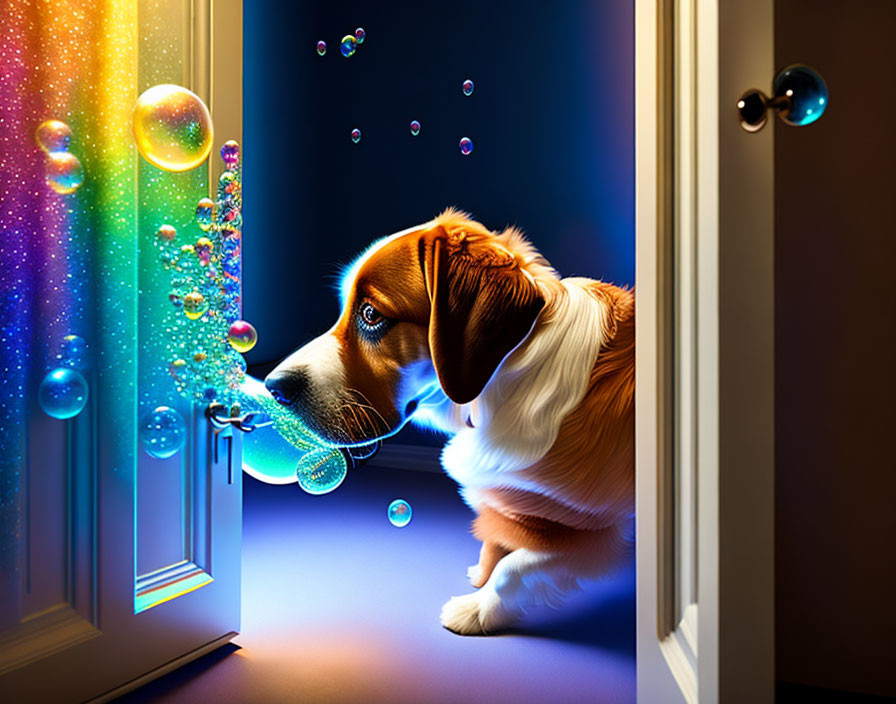 Dog observing colorful bubbles in room with open door