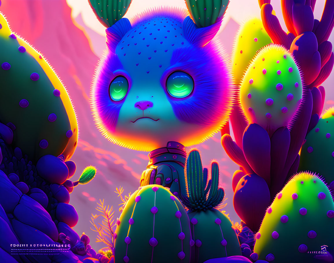 Colorful rabbit-like creature with cactus features in vibrant desert scene