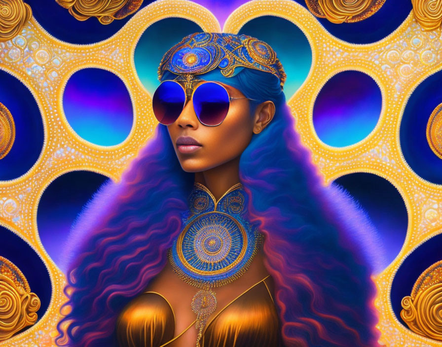 Colorful woman with blue sunglasses and ornate headgear on psychedelic background